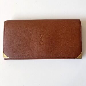 Vintage Yves Saint Laurent YSL Brown Leather Long Wallet Clutch Envelope Style